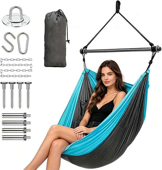Hanging Hammock Chair, Hanging Chair with 330LB Capacity, Outdoor Indoor Swing with Fixing Screws, Portable Hammock Swing for Camping, Travel, Hiking, Tent & Porch (Sky Blue)