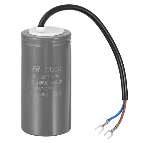 sourcing map CD60 Run Capacitor, 150uF 450V 5% Tolerance Motor Starting Capacitor with 2 Wires for Air Compressor Washing Machines Pressure Washers, Grey