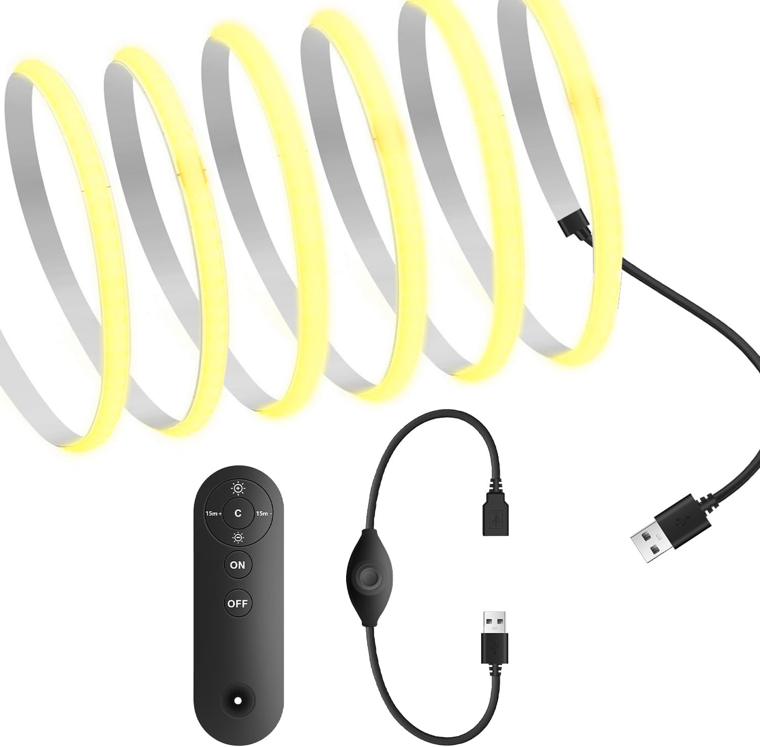 RYECOB LED Light Strip, Flexible, 5mm Width, High-Density, Hidden LED Light Strip, 1m, 320 LEDs/m, 6000K White Light, 5V USB Connector, Remote Control, 180° Emission, CRI>=90, Double-Sided Tape