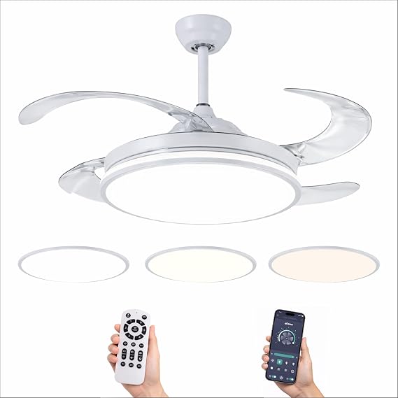 LED Ceiling Fan 72W, Adjustable in Intensity and Light Tone from Cold to Warm, 4 Retractable Blades, Remote Control and APP for Mobile, Ultra Quiet DC Motor, 6 Speeds (White)