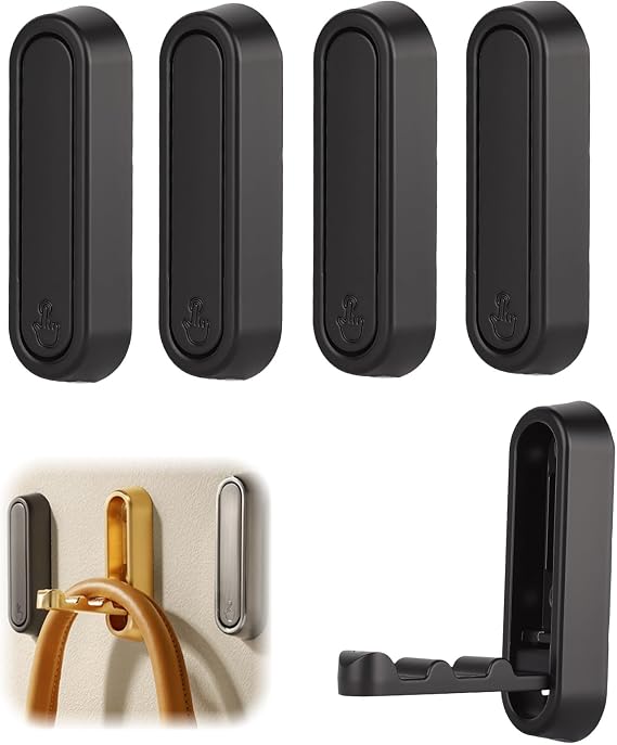 4Pcs Foldable Wall Hook for Hanging - Foldable Zinc Alloy Wall Coat Racks, Multi Functional Pressing Flip Folding Clothes Hook, Storage Door Hangers, Black