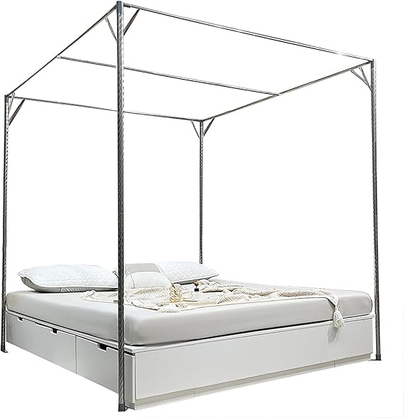 Metal Four Poster Bed Frame Heavy Duty Sturdy Structure Elegant Style Queen Size Platform No Box Spring Needed Easy Assembly