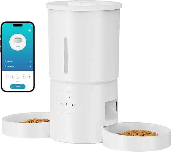 Automatic Cat Feeder with 2 Bowls: 5L Automatic Cat Feeder for 2 Cats with 2.4G WiFi & App Timer for Dry Food - AONBOY Dual Bowl Design for Mult Cats & Dogs - White