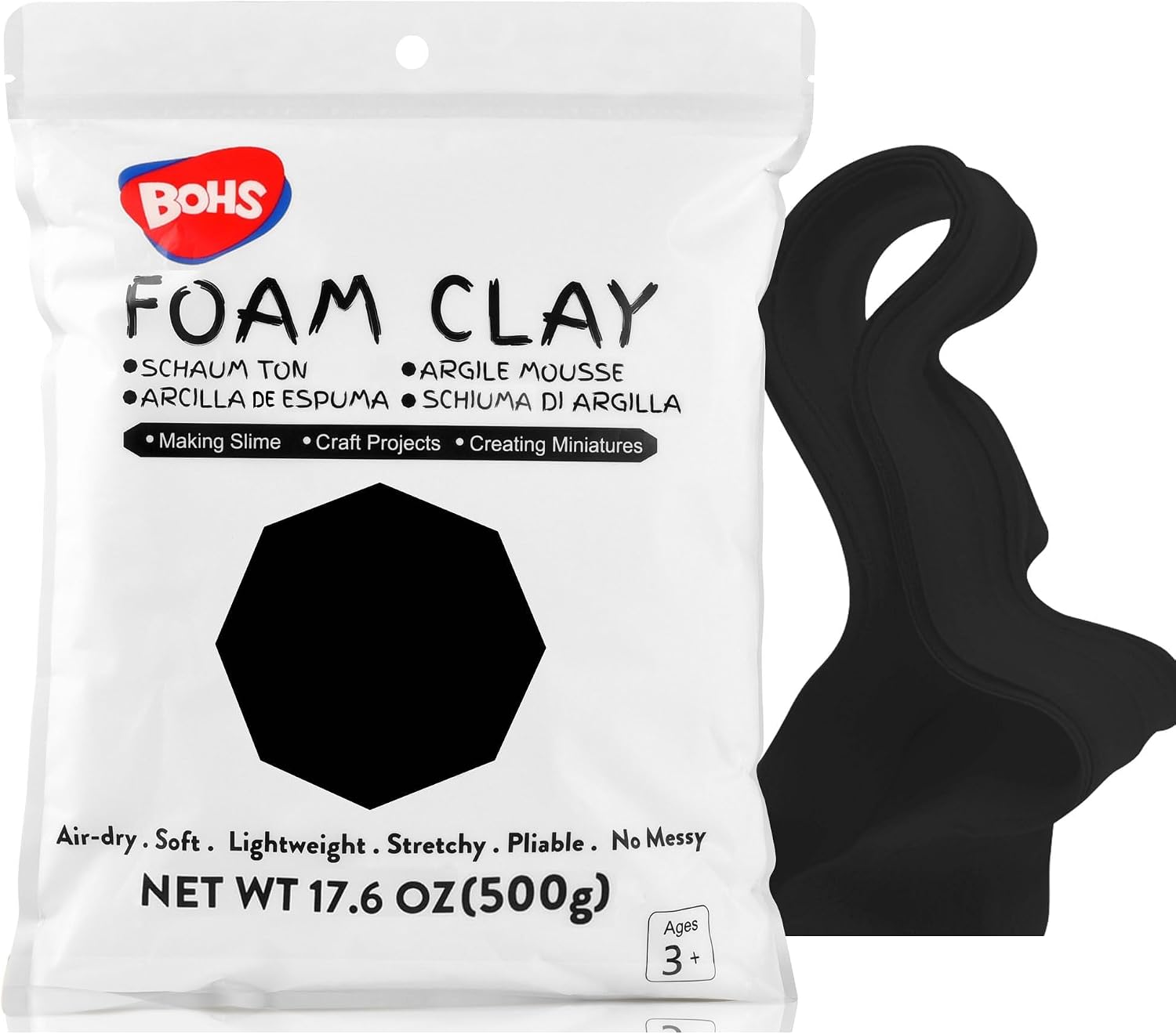 BOHS Black Modeling Foam Clay - Squishy,Soft, Air Dry -for School Project,Cosplay,Fake Bake, Slime Supplies-1.1 Lbs 500 Grams