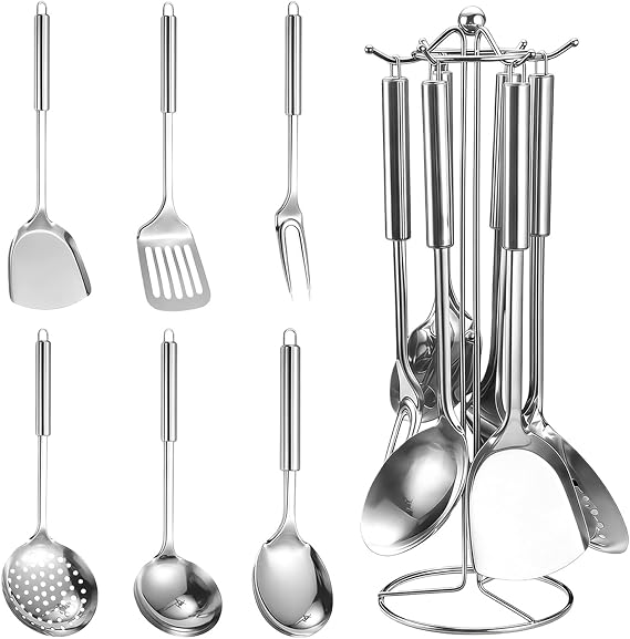 Kitchen Utensils Stainless Steel 7 Pieces, Kitchen Accessory Set with Stand (Bowl, Skimmer, Spatula, Spatula, Rice Spoon), Dishwasher Safe