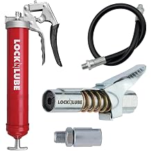 LockNLubeヘビーデューティーピストルグリップグリースガン赤特許取得済みのLockNLube®グリースカプラーロックオン、ステイオン、漏れなしと、高品質の20インチホースとインラインホーススイベルが含まれています。