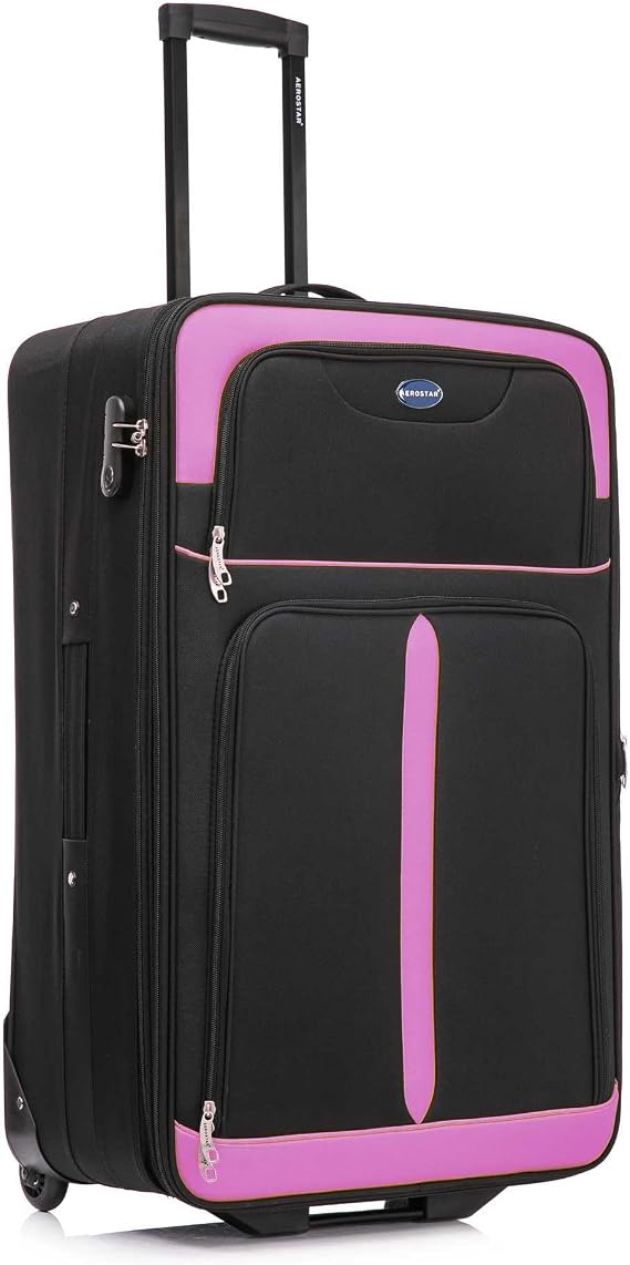 Aerostar Large 29” Lightweight Softshell Expandable Suitcase, Check in Luggage 2 Corner Wheels with Integrated Combination Lock (Black/Pink, 100 litres)