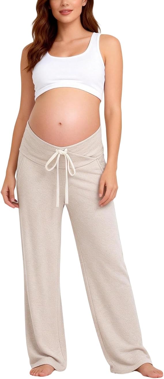 Women Maternity Trousers Under Bump Casual Crossover High Waist Pregnancy Pants Drawstring Bottoms Baggy Wide Leg Sweatpants Stretchy Comfortable Maternity Pants Work Lounge Wear