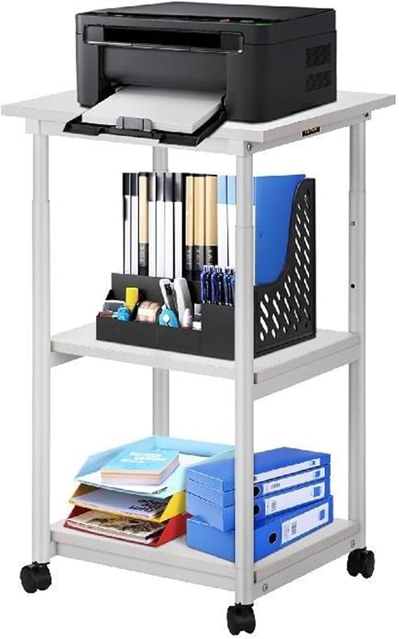 3-Tier White Printer Cart with Adjustable Shelf & Lockable Wheels 48 x 39 x 77 cm Mobile Office Table for Home & Office Use (Gray)