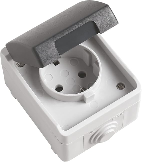 Amig - IP54 Waterproof Schuko Simple Socket Base with Cover Mod.3600 - Max Voltage 230V - Anti Humidity Suitable for Outdoor and Indoor - Ideal for Terraces, Gardens, Garages or Storage Rooms