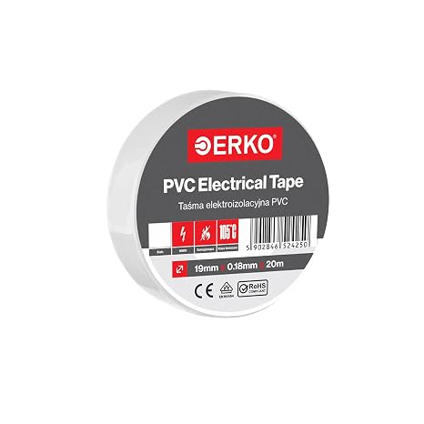 ERKO Cinta aislante Blanco PVC 19mm x 20m, Reparación de conductos eléctricos, Alta flexibilidad con fuerte adhesión, Resistente a productos químicos, Cloruro de Polivinilo