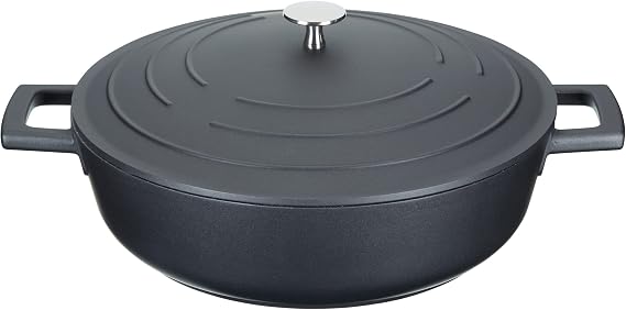 MasterClass Cast Aluminium Shallow Casserole Dish with Lid 28cm 4L, Black