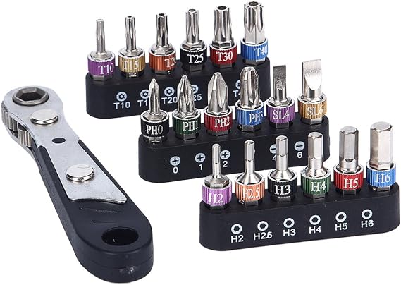 Hakkin 19PCS Mini Ratchet Wrench Screwdriver Bit Set | S2 Steel 1/4” Drive 36 Teeth Ratcheting Screwdriver High Torque Offset Screwdriver Reversible Drive Handle with Phillips Slotted Hex Torx Bits