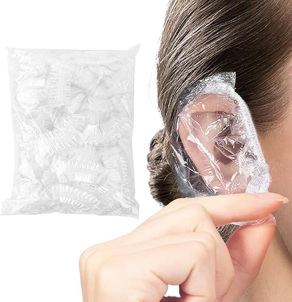 100 ADET. Şeffaf Kulak Koruyucular - Saç Boyası, Duş, Banyo, Ev ve Saç Salonu için Su Geçirmez Plastik Kulak Koruyucuları