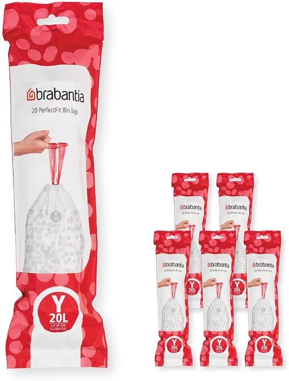 Brabantia PerfectFit çöp torbası, çoklu paket, Code Y / 20 l, çekme bantlı ekstra güçlü çöp torbaları, 6 rulo (120 çöp torbası)