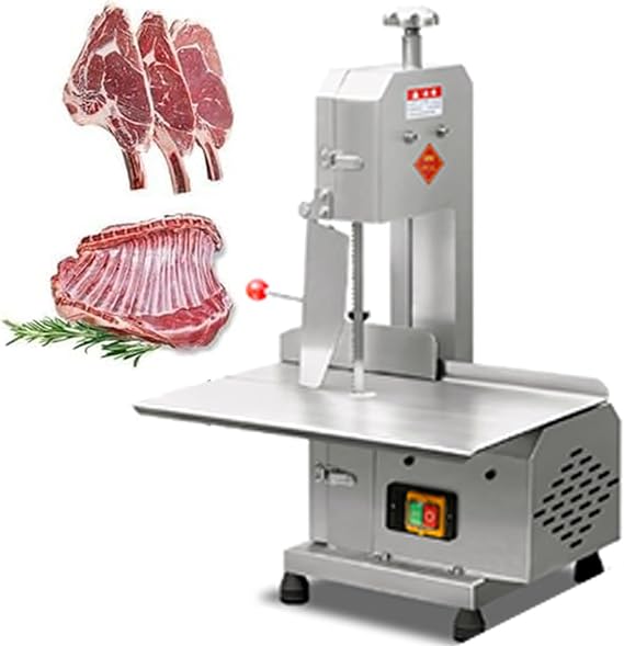 Meat Cutting Bandsaw Machine, 750W Electric Bone Saw for Butchering with 47 x 32.5CM Stainless Steel Workbench, 6 Saw Blades, 0-13CM Cutting Thickness, Fro zen Meat Cutter for Ribs