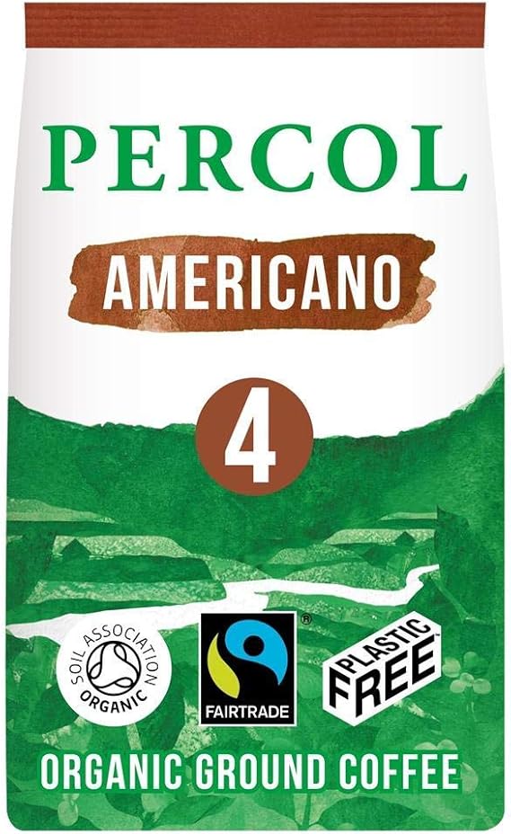 PERCOL Fairtrade Organic Rich Americano Ground Coffee - 100% Fairtrade & Organic Arabica, Central & South American blend, Notes of milk chocolate & walnut, Strength 4. 200 (Pack of 2)
