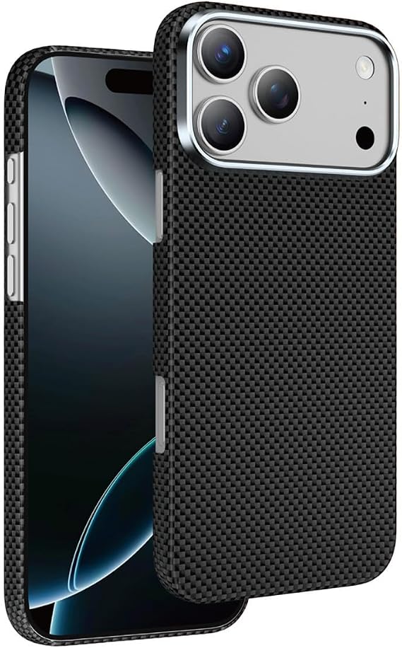 Apple iPhone 17 Pro ile Uyumlu Kılıf, Karbon Fiber Kevlar, Desenli, MagSafe Uyumlu, Siyah