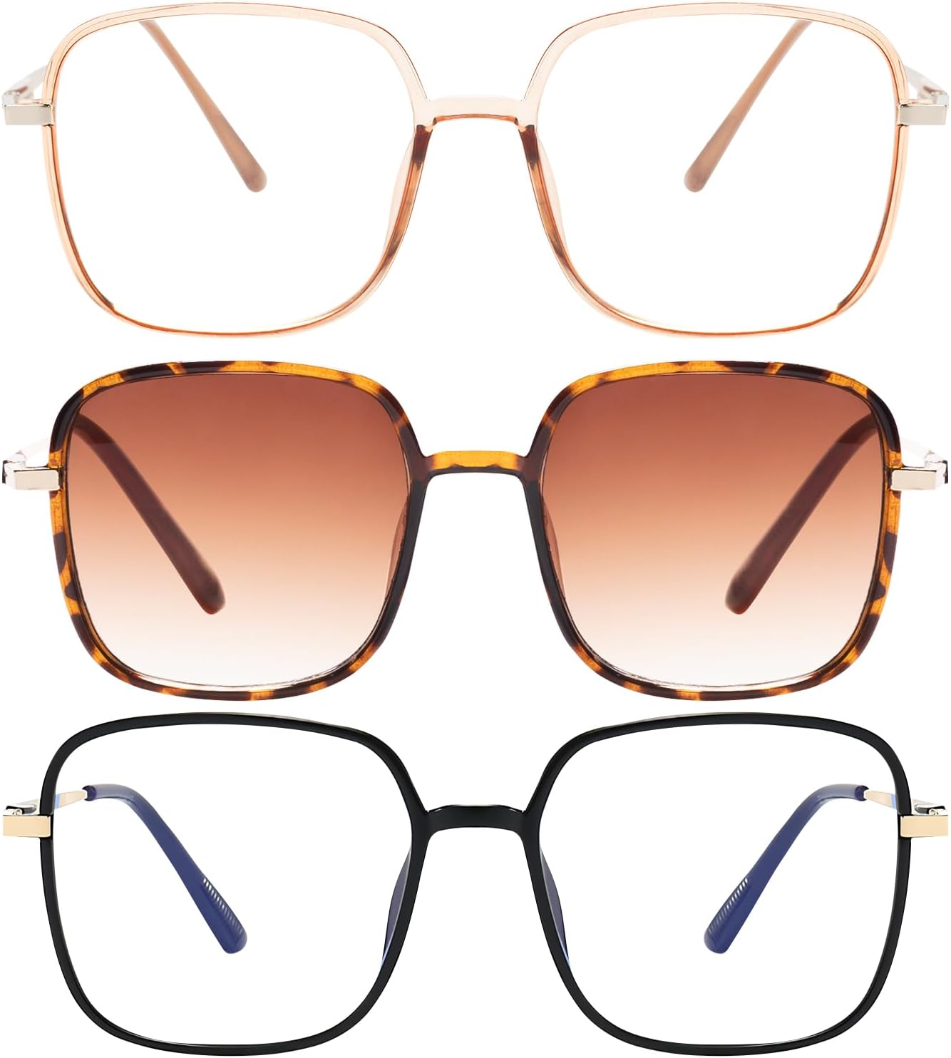 EYEGLSMST 3 Pack Oversized Reading Glasses for Women with Reading Sunglasses, Large Square Blue Light Blocking Readers, Big Frame Anti UV Eyewear