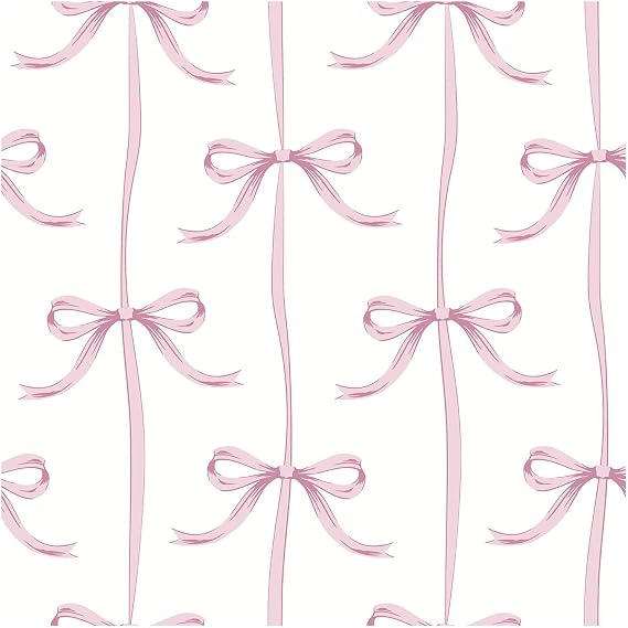 Pink Bow Pattern Wallpaper with Ribbon Design on White Background, Decorative Wall Covering for Bedrooms Nurseries and Feature Walls, Elegant Whimsical Interior Décor