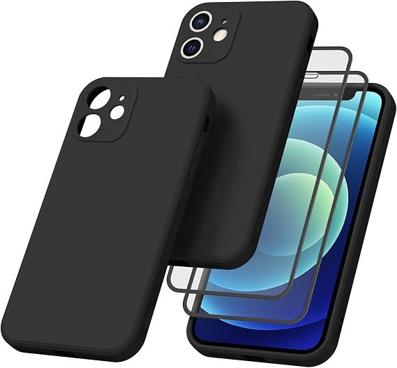 Vancle Case for iPhone 12mini Phone Case,with 2 HD Screen Protectors, Shockproof Bumper Liquid Silicone Case with Microfiber Lining (Black)