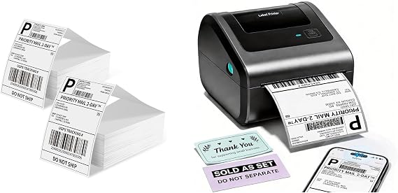Phomemo D450BT Label Printer, 4 x 6 Inches, Bluetooth Compatible, Thermal Printer & Thermal Label Stickers, 4 x 6 in, A6, 1000 Sheets 500 Sheets x 2