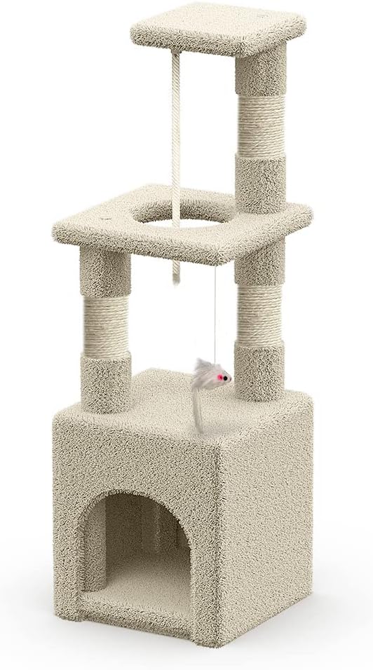 VOUNOT Árbol Rascador para Gatos, Poste Rascador Estable para Gatos Pequeños con Nido, Plataformas, Cuerda de Sisal y Jueguete para Gatos, 88cm, Beige