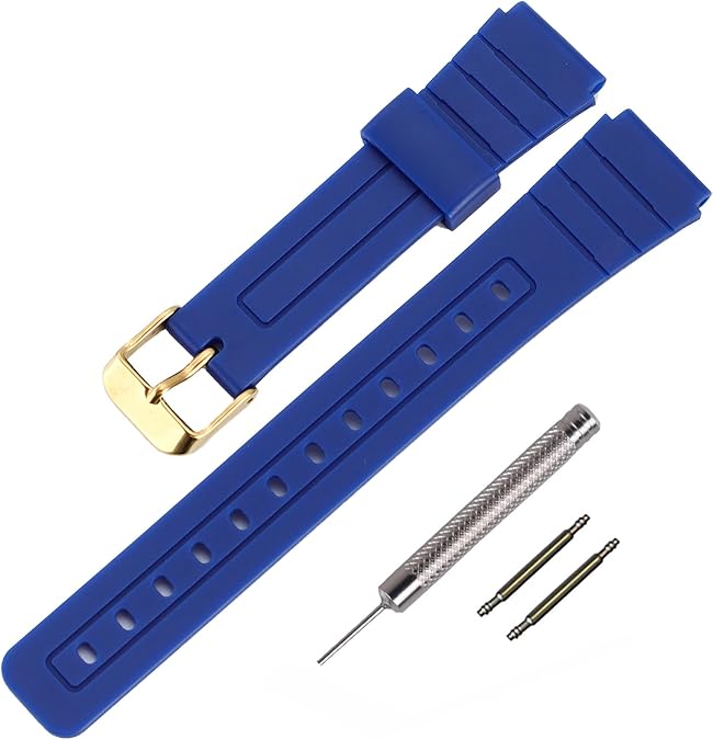 TPU Watch Strap Replacement for Casio F-91W/F-84/F-94/F-105/F-108/A-158watch bands for men and Women (Blue/Gold Buckle)