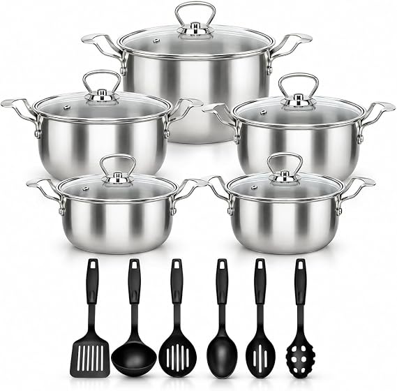 16PCS Induction Pan Set Saucepan Set Cookware Pot Non Stick Saucepan Glass Lid, Black Iron Cooking Pots Frying Pan Casserole & Kitchen Tools (16 Pieces Silver Set)