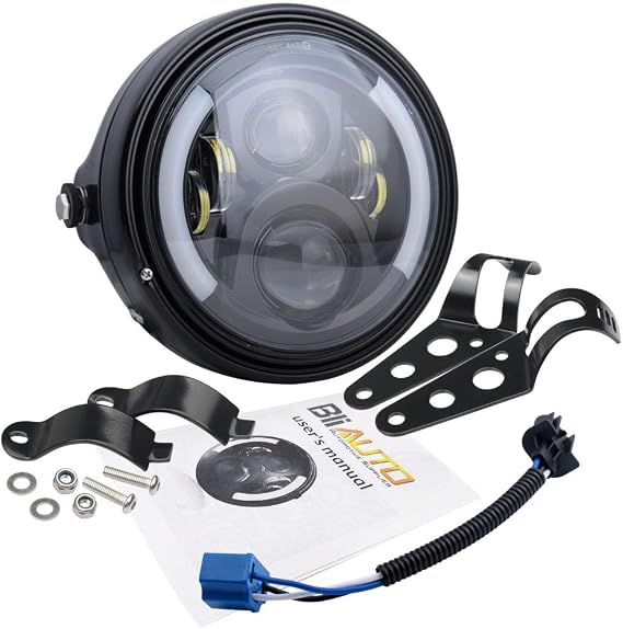 7 Inch Round LED Motorcycle Headlight with Housing Bucket Amber Turn Signal Lights & White DRL Angle Eyes for H-arley Yamaha Kawasaki Honda Street Bike Front Headlamp