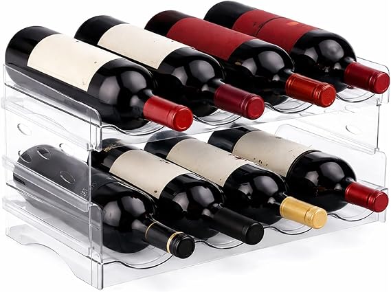 Stackable 2-Tier Bottle Rack for Fridge and Cupboard, 8-Bottle Clear Holder