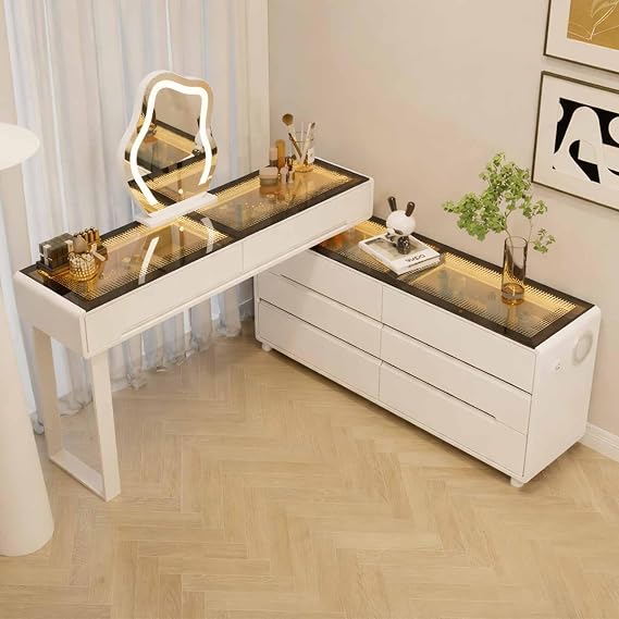 Modern Dressing Table with LED Mirror & Stool, 90% Pre-Assembled Vanity Desk with 3-Colour Glass Top, Bluetooth Speaker, USB Port & Storage Drawers, L-Shaped Makeup Table for Bedroom