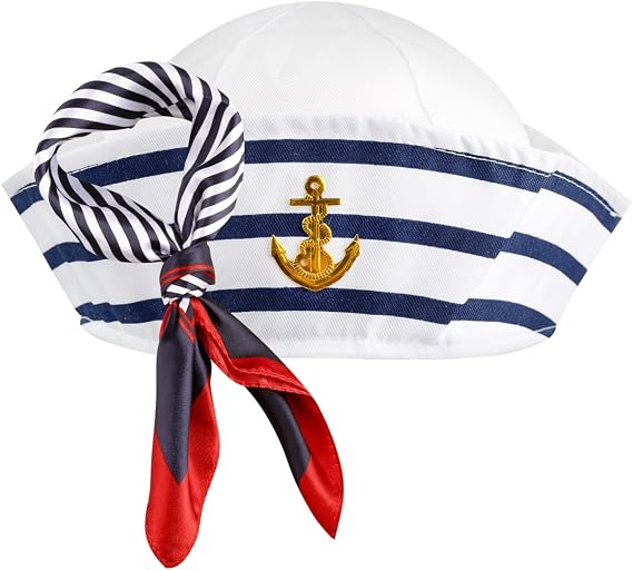 Thyonta 2PCS Blue and White Striped Sailor Hat and Scarf Set Round Top Dress Up Party Captain's Hat Suitable for Sea Boat Party, Halloween