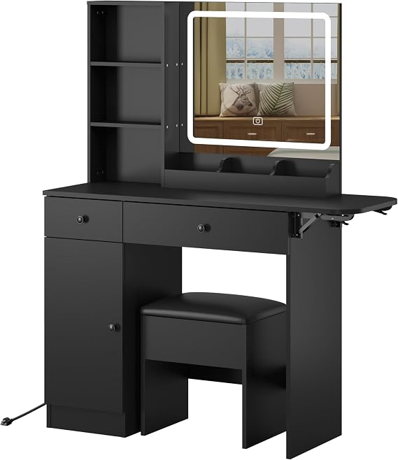 Vanity Desk Set with Fold-up Panel, 2 Drawers & 1 Cabinet Makeup Table with Mirror and LED Lights Power Outlet, Storage Cushioned Stool, Dressing Table for Bedroom (Black)