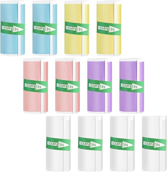 Mini Printer Sticker Roll,12 PCS Colorful Thermal Printer Paper Self-Adhesive Thermal Paper 57 x 25 mm for Mini Sticker Printer Camera Printing Paper Multicolors