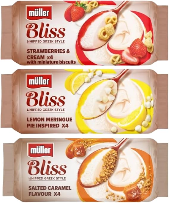 Salted Caramel Mullers Bliss, Lemon Meringue, Strawberries & Cream Greek Style Yogurt (Mixed 3 Packs of 4x100g)