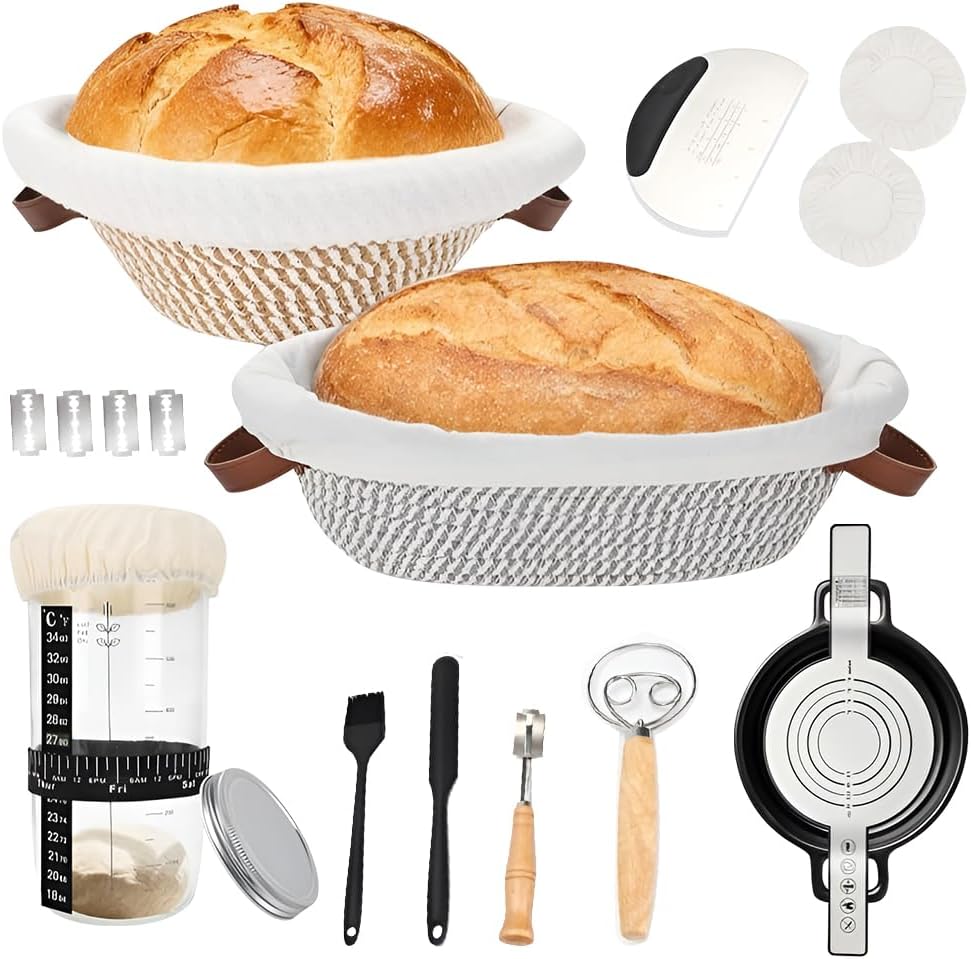 Sourdough Starter Kit, 9 Inch Round & 10 Inch Oval Bread Proofing Basket Set, Bread Baking Supplies with Starter Jar, Cloth Liner, Bread Lame, Dough Whisk, Scrapers & Brush for Baking Lover