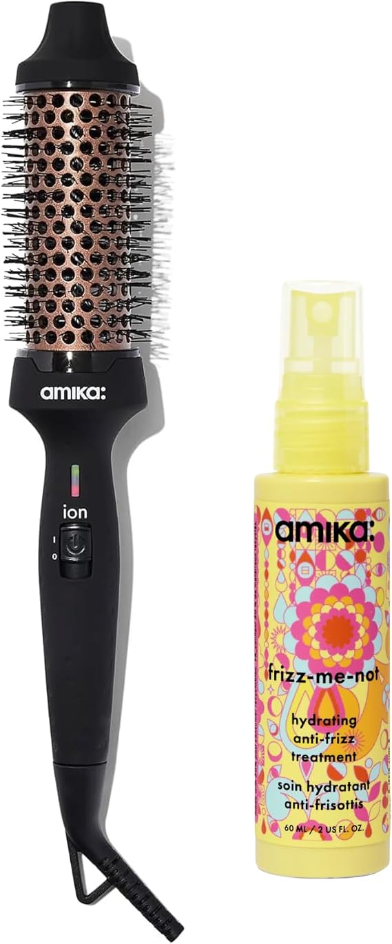 amika Smooth Blowout Duo - Blowout Babe Thermal Brush, Frizz-Me-Not Hydrating Anti-Frizz Treatment 60 ml, Frizz-Free Blowouts, Heat Protection & Lasting Shine
