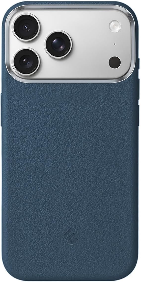 Minesk iPhone 17 Pro / 18 Pro için MagSafe ile Uyumlu Çizilmeyen ve Parmak İzi Tutmayan Deri Görünümlü Metal Tuşlu ve Metal Lens Çerçeveli Hybrid Silikon Kılıf (Mavi, 17 Pro/18 Pro)