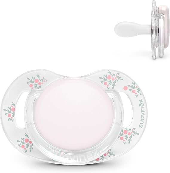 Suavinex, Pacifier for Babies 0/6 Months and Newborns, SX Pro Silicone Physiological Teat, Flat, Symmetrical and Flexible, Respects Oral Development, Transparent Shield, Pink Poetry