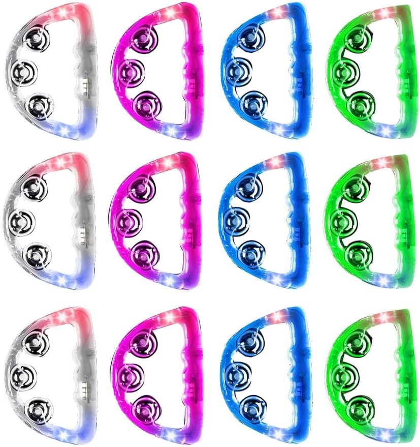 Jaywool 12 Pieces Light Up LED Tambourine, Musical Flashing Tambourine Glow Tambourines Handheld Percussion Instrument