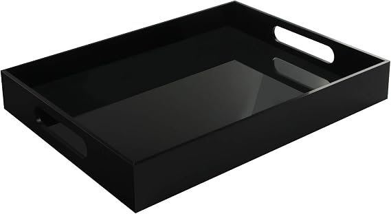 Tasybox Black Serving Tray, Acrylic Decorative Serving Tray with Handles for Kitchen, Dining Room, Table, Ottoman, Vanity Countertop, 16" x 12"
