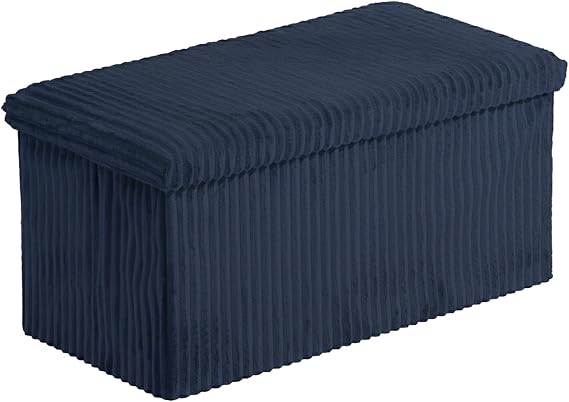 Luxury Corduroy Stripe Ottoman Storage Box – Foldable Ottoman Storage Bench with Padded Seat – Multipurpose Footstool for Living Room, Hallway Bedroom, Velver Fabric, 76×38×38cm (Navy Blue)