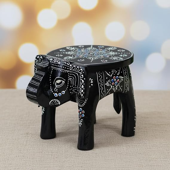 Hand-Crafted and Emboss Colorful Painted Wooden Elephant Shape Stool for Home/Office/Living or Bedroom Decor,Decorative Showpiece (8 Inches Height, Black)