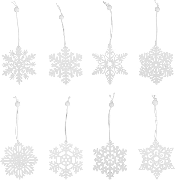 16pcs White Snowflake Decorations, 8 Styles Wooden Snowflakes Hanging Charm Pendant Christmas Ornaments for Winter Home Christmas Tree Decorations Crafts