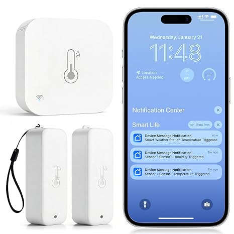 Daytech Smart WiFi Indoor Outdoor Hygrometer Thermometer, Wireless Temperature Monitor Humidity Sensor with Notification Alert 2 Sensors 1 WiFi Gateway Type-C Power