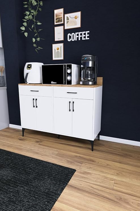 DF14103 Kahve Köşesi Dolabı Çok Amaçlı Mutfak Konsolu Çekmeceli Kapaklı Mutfak Dolabı Coffee Bar Beyaz-Çam