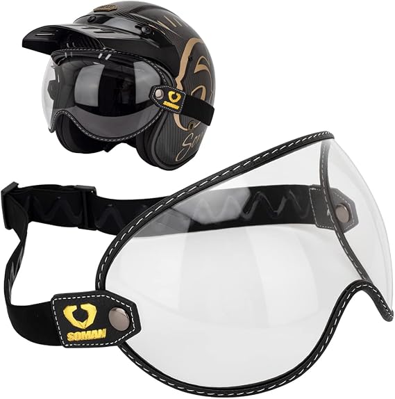Retro Motorcycle Helmet Visor Bubble Shield, Goggles Lens with Elastic Universal For Cafe Racer Full 3/4 Open Face Motorbike Helmet (Clear)
