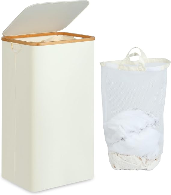 efluky Laundry Basket with Lid, 100 Litres, High Laundry Box with Bamboo Handle and Inner Pocket, Foldable Large XXL Laundry Basket, Laundry Baskets, Beige