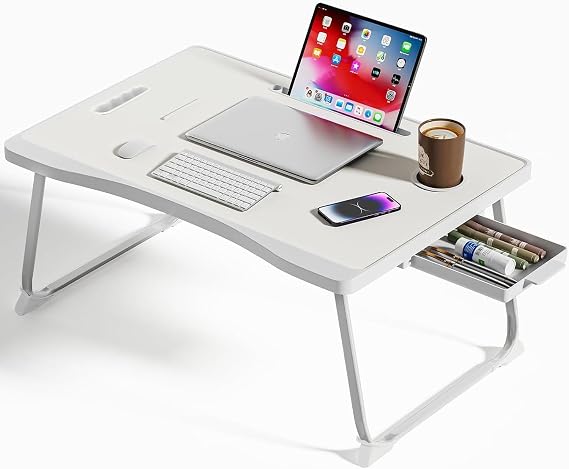 BTGGG Foldable Bed Table Laptop Desk, Bed Desk with Handle & Side Drawer